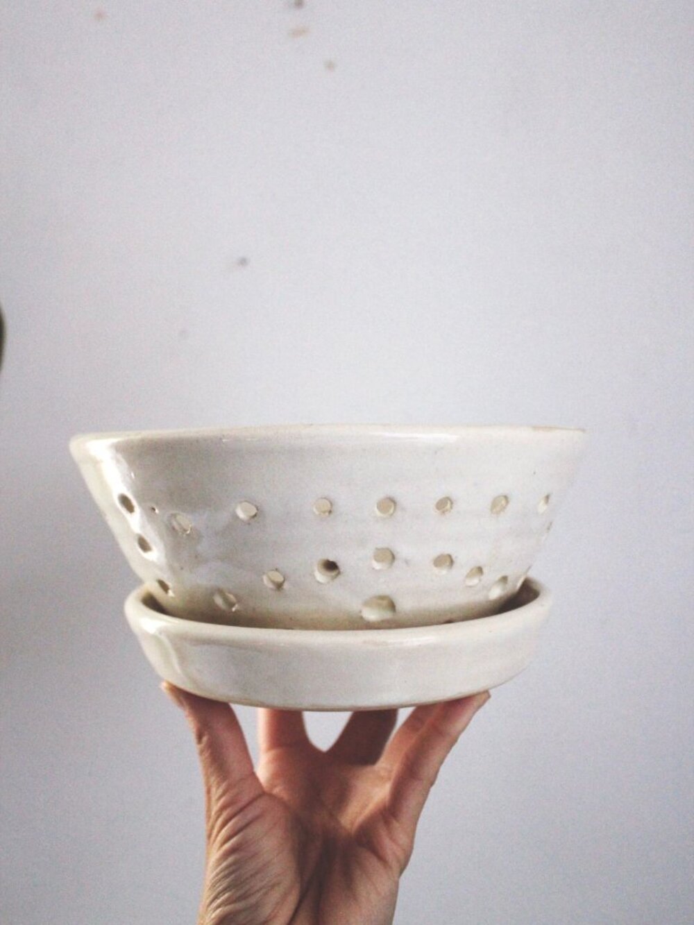 Studio Pottery Stoneware Ceramic Berry Bowl Saucer Set Colander Tray Handmade